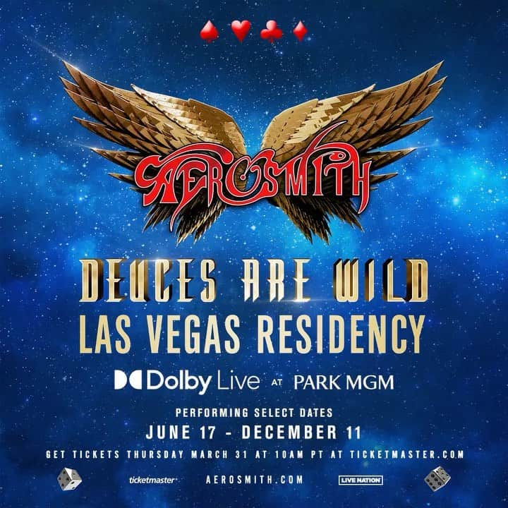 スティーヴン・タイラーのインスタグラム：「GET READY TO WALK THIS WAY TO VEGAS… @aerosmith RETURNS TO SIN CITY!!! BACK IN THE SADDLE AGAIN!!! DOLBY LIVE AT PARK MGM THIS JUNE THROUGH DECEMBER!!! TICKETS ON SALE THURSDAY MARCH 31ST AT 10 AM PT #DEUCESAREWILD @parkmgm」