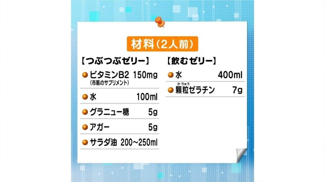 テレビ朝日「グッド！モーニング」さんのインスタグラム写真 - (テレビ朝日「グッド！モーニング」Instagram)「本日の「新井恵理那のあら、いーな！」でご紹介した 「光るつぶつぶゼリー」の作り方はこちら！   【材料（２人分）】 （つぶつぶゼリー） ●ビタミンB2（市販のサプリメント） 150mg ●水 100ml ●グラニュー糖 5g ●アガー 5g ●サラダ油 200〜250ml （飲むゼリー） ●水 400ml ●顆粒ゼラチン 7g   （下準備） サラダ油は背の高いグラスに入れ、冷蔵庫で冷やしておく。 （A）ビタミンB2を砕き、グラニュー糖、アガーと合わせておく。   【作り方】  （つぶつぶゼリー） 1 鍋に水を入れて中火にかけ、Aを少しずつ加えながら混ぜ、溶かす。 2 粗熱が取れたら注射器で吸い取り、冷やしたサラダ油の中に1滴ずつ落とす。 3 ゼリーをざるにあけ、流水に流し油を落とす。（残ったサラダ油は、再利用してください！） （飲むゼリー） 1 鍋に水を入れて中火にかけ、ゼラチンを振り入れゴムベラで混ぜ合わせる。 2 氷水に当ててとろみをつけ、鍋の中につぶつぶゼリーを入れ混ぜ合わせる。 3 グラスに注ぎ、完成！   電気を消して、ブラックライトを当てると光ります！ ぜひお試しください！   #グッドモーニング #あらいーな #新井恵理那 #太田さちか さん #サイエンススイーツ #スイーツ #ブラックライト #ゼリー #つぶつぶゼリー」3月24日 6時16分 - good_morning_ex