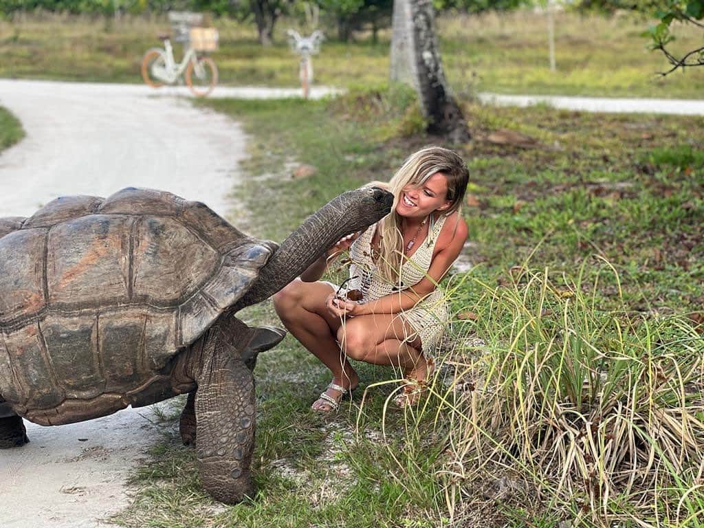 サッシャ・ジャクソンのインスタグラム：「This is George the giant #tortoise … he’s 120 years old and just free roams around @fsdesroches making people #happy as all heck!!! Proper #og of the seychelles ❤️🐢」