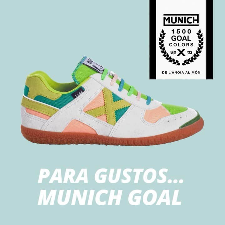 ミュニックのインスタグラム：「Cuando nos comparamos con otras marcas, no hay color. Descubre Munich Goal, el modelo que nació en 1986 y sigue creciendo en 2022, con 1500 colores… que les sacarán los colores a otras marcas. 🎨👟✖️  #MunichFashion #Colors #MunichSports #Fashion #MunichShoes #Moda #Goal #cool」