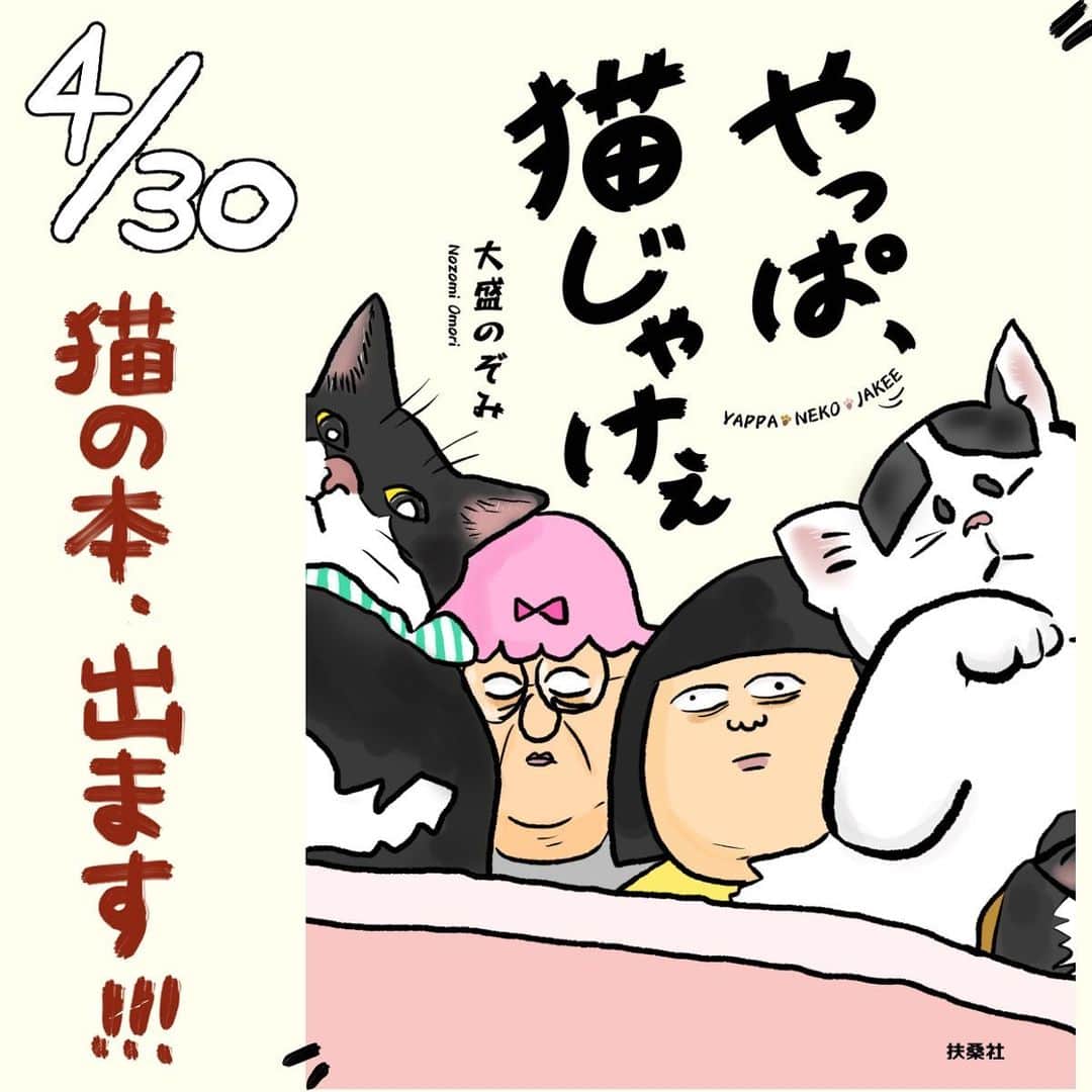 大盛のぞみのインスタグラム：「4月30日、朝日新聞デジタル【sippo】にて連載したものをまとめた猫の本が出版されます。  Amazon含むオンラインにて予約開始始まりました👏🐈🐈🐈🐈🐈  漫画と写真がモリモリのフルカラー🌈 目が元気な時にどうぞ👁👁  私は三度の飯と同じくらい猫が好きなので今回のこの本の出版がほんとに嬉しい。  今現在家で飼ってる5匹の猫をメインに実家で飼っていた猫エルちゃんの話や実母が保護した猫の話など猫だらけの1冊です。  ねこ好きな方、ねこに興味がある方、ねこに興味なんかねーよ！という方も是非とも読んでね🐈👩‍🎤💖   #猫  #漫画  #四コマ漫画  #sippo  #やっぱ猫じゃけぇ  #朝日新聞デジタル」