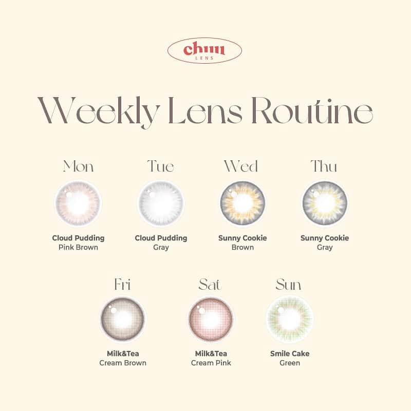 Chuuのインスタグラム：「💡Weekly Chuu Lens Routine💡 월요일부터 일요일까지 츄렌즈로 눈 맞추세요🤍 지금 WiNC 윙크 앱에서  츄렌즈 2팩 구매 시 10% 할인 + 밀크티 헤어밴드 증정✨  #츄렌즈#chuulens#chuu_lens #WiNC#윙크#렌즈픽업#픽업예약」