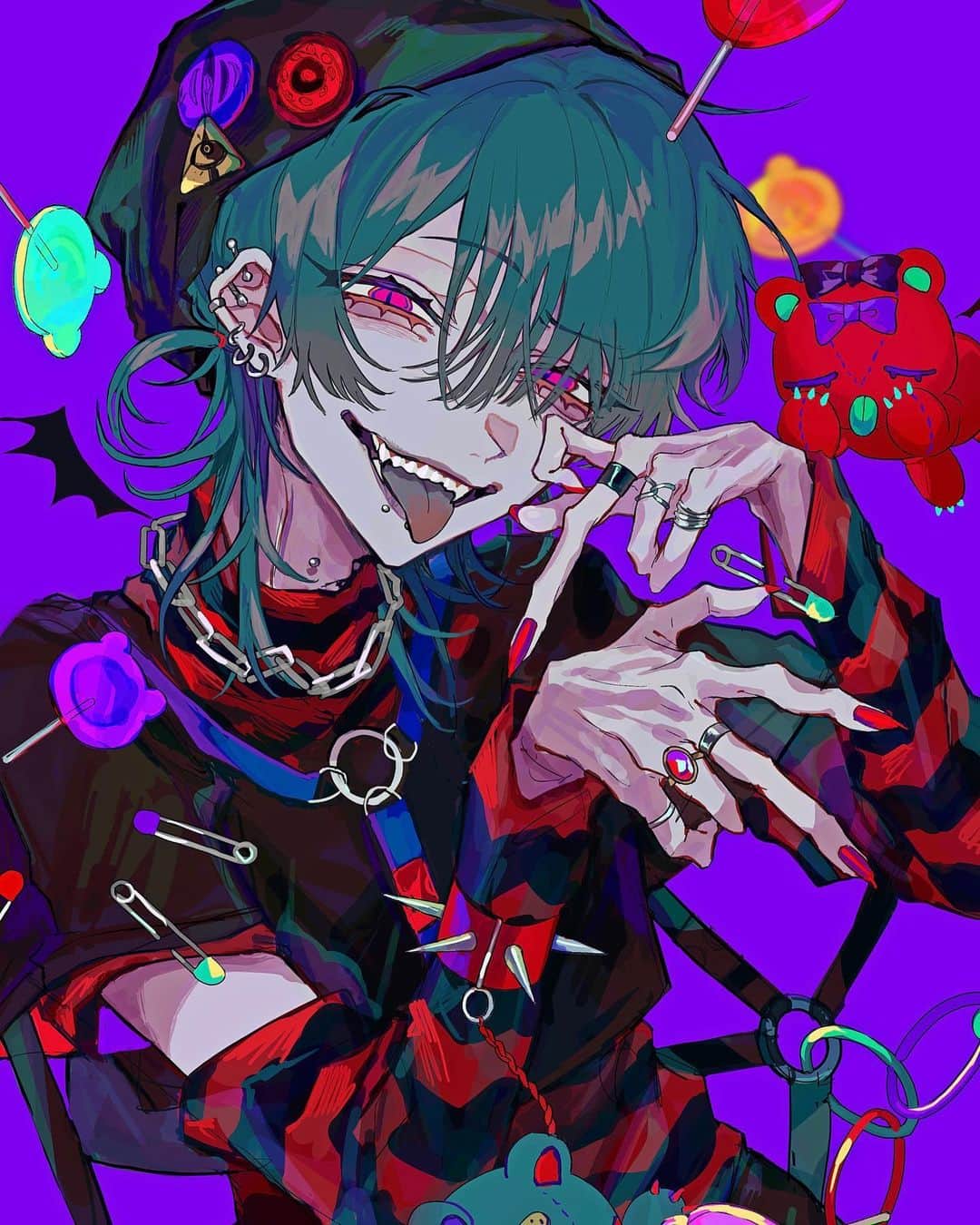 くろうめのインスタグラム：「☠️💜💚❤️☠️   #illustration  #イラスト  #創作  #original  #オリジナル  #art  #artwork」