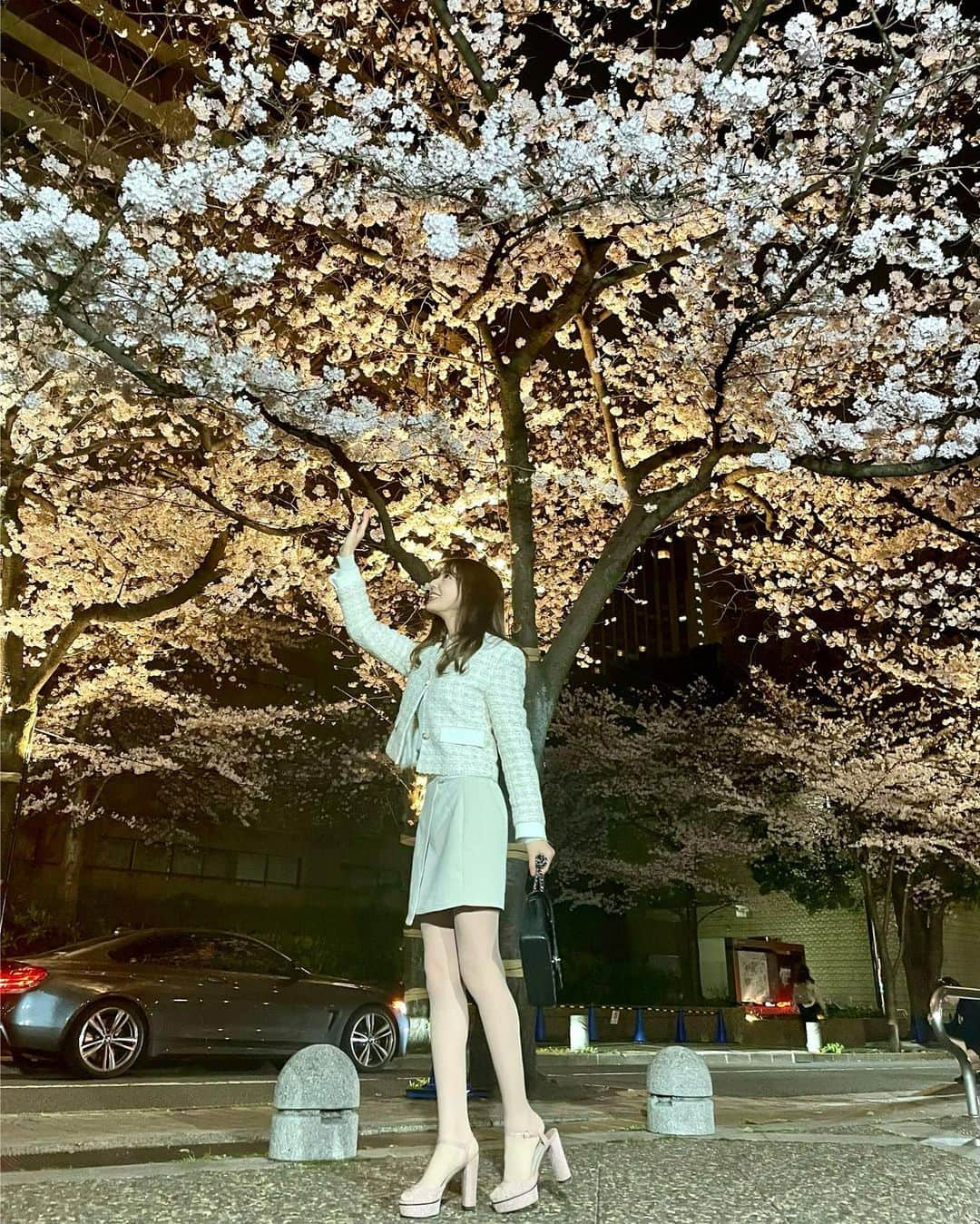 あべなつきさんのインスタグラム写真 - (あべなつきInstagram)「お花見したよ🌸  満開でとっても綺麗でした🤍  Jacket: @zara  Skirts: @lipservice_official  Sandals: @jimmychoo  Bag: @chanelofficial   #桜　#夜桜　#zara」3月30日 12時44分 - i.am_natsuki_