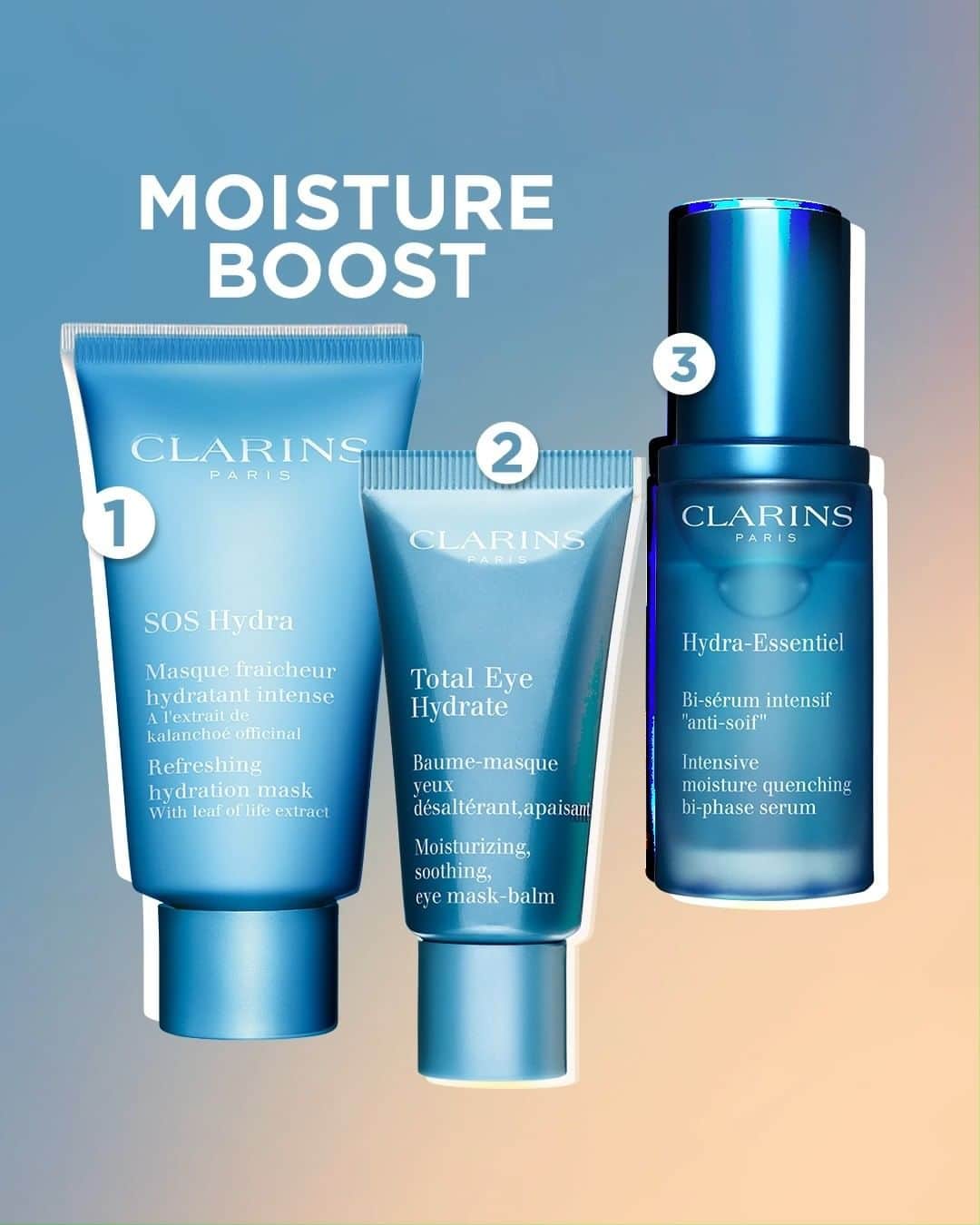 Clarins Canadaのインスタグラム：「Has the winter been hard on your skin? Get your skin's hydration under control with these essentials:  💦 SOS Hydra Mask  💦 NEW Total Eye Hydrate eye mask-balm 💦 Hydra-Essentiel Bi-Phase Serum  All these products include a key ingredient: the Organic leaf of life that keeps water in all the skin layers. 🌿  __________ L'hiver a été dur sur votre peau ? Maîtrisez son hydration avec ces essentiels :  💦 Le Masque SOS Hydra  💦 Le NOUVEAU Baume-masque yeux Total Eye Hydrate  💦 Le Bi-sérum Hydra-Essentiel   Tous ces produits possèdent un ingrédient clé : le Kalanchoé officinal bio qui retient l'eau dans toutes les couches de la peau. 🌿  . . . #Clarins #MoistureBoost #Hydration」