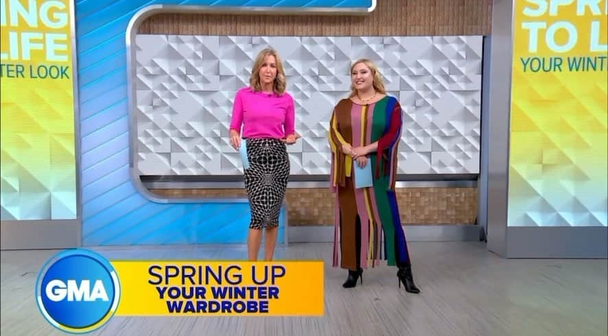 ヘイリー・ハッセルホフのインスタグラム：「Thank you @goodmorningamerica and @lara.spencer for having me on today to talk all things spring fashion.   Spring fashion is back in full swing. Brightening up our days with bold colors, pretty pastels and power house styles. I'm here today to show you how to have some fun with transitioning your winter staples and throwing in some of this springs top trends. With mood boosting hues seen all over the runway, what better way to bring these looks into your everyday style with pieces many of us may already have at home. Use today as inspiration to dive into your closet to bring out your statement colors and find creative ways to express your uniqueness this spring.  Special thanks to our beautiful models and GMA staff themselves @roshniverma @tamerrasedy @myamyaaa 💗  Miniskirts Trend  Mini : @nicolemillernyc  Turtle Neck : @hm  Jacket : @vince  Jewels : @ellievailjewelry x @tay  Shoes : @aldo_shoes   Pretty Pastel Trend Pant Suit : @zara  Blouse : @hm  Jewels : @sahirajewelrydesign @larkandberry  Purse : @eloquii  Shoes : @circusny   Feminine Edge Trend Maxi Dress : @hm  Jewels : @zara  Purse : @nextofficial  Shoes : @aldo_shoes   My look by @marina.rinaldi @asos @sahirajewelrydesign #evjxtay」