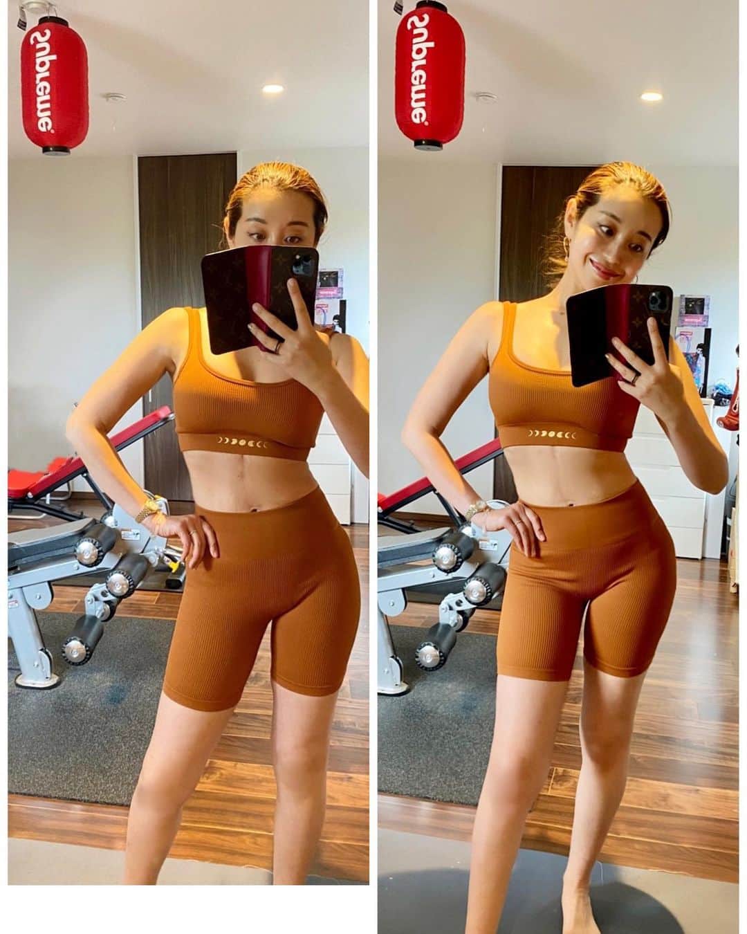 PINKYのインスタグラム：「🌛🌝🌜  最近の趣味は宅トレ&ステッパー🏃‍♀️w  @miwamam_fit888 プロデュースの @aestas_terra のウェアが着心地が良くて可愛い🧡🧘🏻‍♀️✨  こちらはMサイズのセットで、少しゆったりめに着ています🌟  swipe3枚目に10％オフになるハッピークーポンもありますよ🎟🌈  ・・・  #love #happy #family #momlife #momfitness #fitnesswear #aestasterra #ステッパー隊」