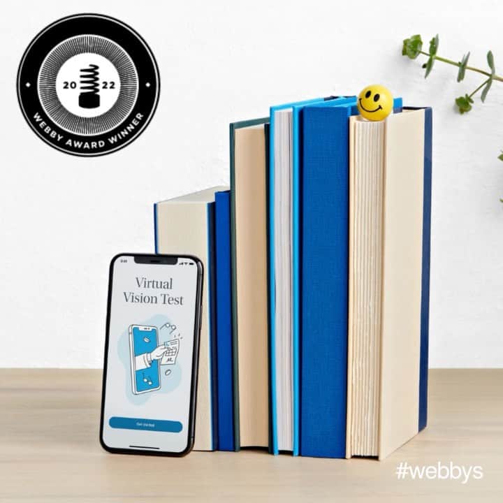 Warby Parkerのインスタグラム：「We’re so excited to share that our Virtual Vision Test won at @thewebbyawards for Apps and Software in the Health & Fitness category! 🤗 We wanted to take a moment to thank the #Webbys judges, all of you who voted for us, and #TeamWarby for bringing Virtual Vision Test to life.  Virtual Vision Test allows eligible users to renew a glasses and contact lens prescription from the comfort of home in just 10 minutes.  Learn more about Virtual Vision Test with our link in bio.」