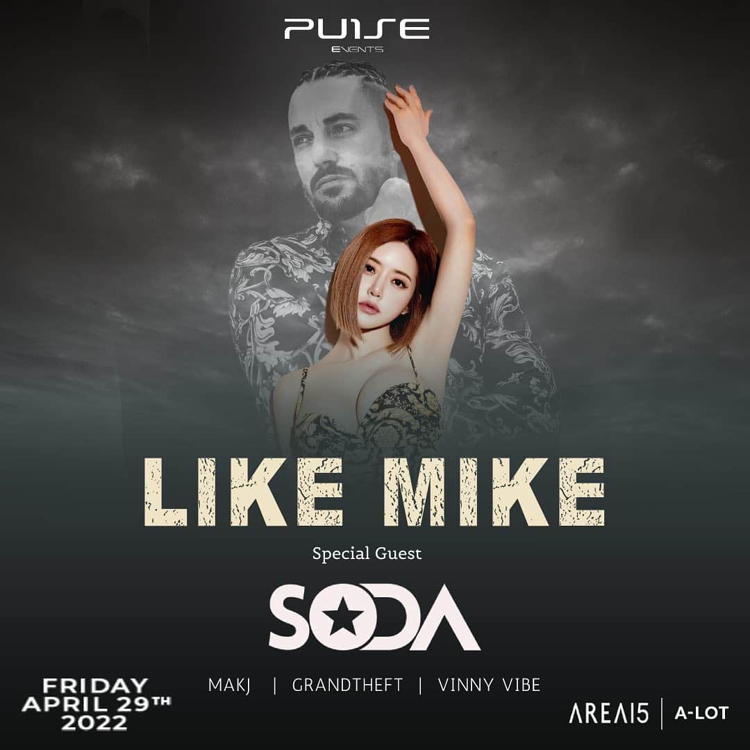 Dj Sodaのインスタグラム：「back in LAS VEGAS THIS FRIDAY @onepulseevents  I will be playing as special guest for @likemike ‘s the FIRST SOLO SET in Vegas @area15official  Let’s go hard this Friday night!  then BOSTON madness on SATURDAY @bignightlive  I AM SO READY TO PARTY WITH YOU ALL🔥❤️‍🔥」