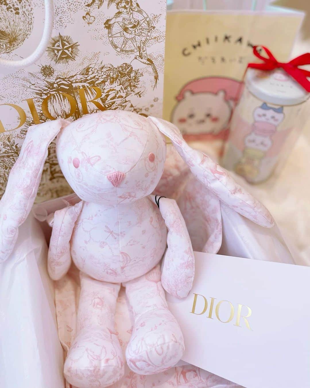 のインスタグラム：「大好きなお友達から🥹💕 ベビ吉と私にプレゼント😭❤️✨ ベビ吉は産まれる前から幸せ者だなぁ😭💕 Diorのぬいぐるみ🐰❤️ 我が家のぬいぐるみでいちばん高級😂💕 ちいかわちゃんのお菓子も可愛すぎる💛 ． 素敵なランチもご馳走になって…… 幸せ時間でした❤️ ありさちゃんありがとう🥰💕💕💕 ． ． ． #babydior #present #ちいかわ」