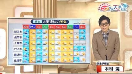 木村滉のインスタグラム：「【大型連休の天気】 🟦新潟県🟦 30(土)と3(火)〜6(金)に晴れやすく行楽日和☺️☀️  気温は前半が17℃前後と平年並みかやや低い  後半は軒並み20℃以上で25℃以上の夏日も💦💦 日差しの下では暑くなるので、水分補給など暑さ対策を🥤  🟥全国🟥 概ね新潟と同じ天気☀️☔️ 30(土)と連休中頃に晴れやすい☺️☀️  気温は後半に高く、連日夏日のところも🌴🍦  沖縄は連日雨やくもり☔️☁️  また連休初日のきょう(金)は西・東日本で大雨や暴風となりそう☔️⚡️⚠️  遠方はお出かけになる方は交通情報に注意⚠️✈️🚅  #大型連休 #ゴールデンウィーク #gw #天気 #天気予報 #大雨 #暴風 #飛行機 #新幹線 #電車 #気象予報士 #お天気キャスター #新潟 #東京 #西日本 #東日本 #大阪 #沖縄 #旅行 #コロナに負けるな」