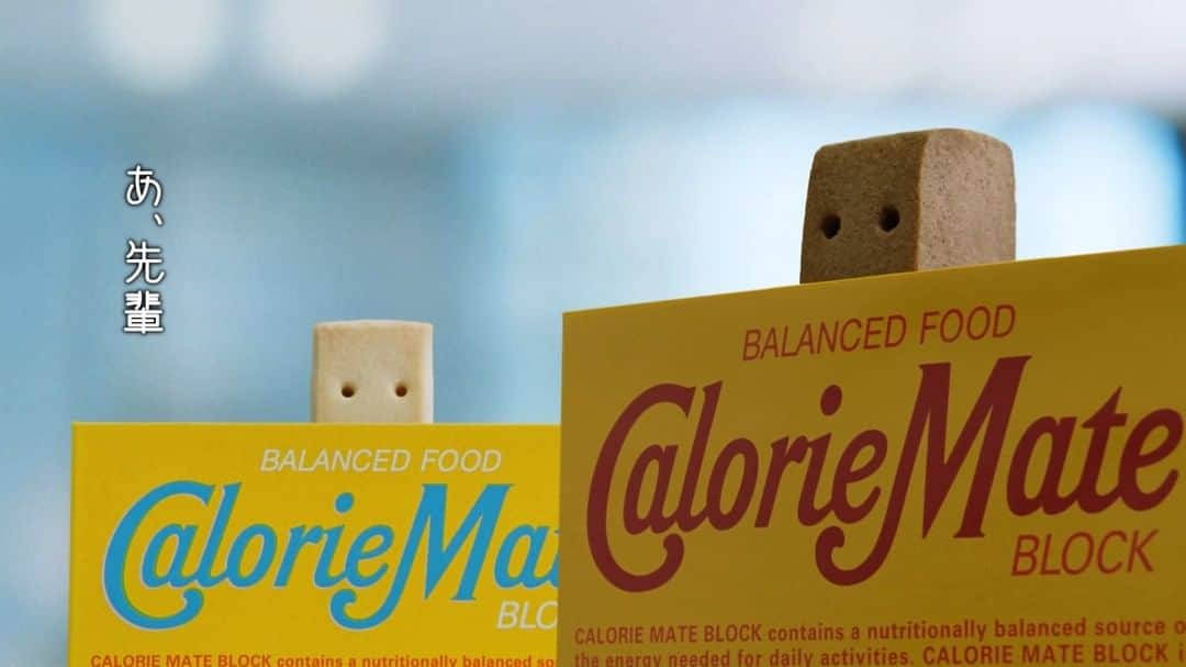 カロリーメイトのインスタグラム：「チョコレート先輩（CV：#中村悠一）� バニラ後輩（CV：#内田雄馬）  「先輩の背中は、栄養だよ！」  カロリーメイトは「小さな栄養士」として、 あなたの栄養バランスを、その小さな目で見守っています。  今回のCMでは、そんな小さな栄養士の先輩である チョコレート味が、青い新人のバニラ味に 先輩の「背中」の意味を熱く語りかけます。 � #金子大地　#中島歩 #青いカロリーメイト　 #小さな栄養士　 #新発売バニラ味」