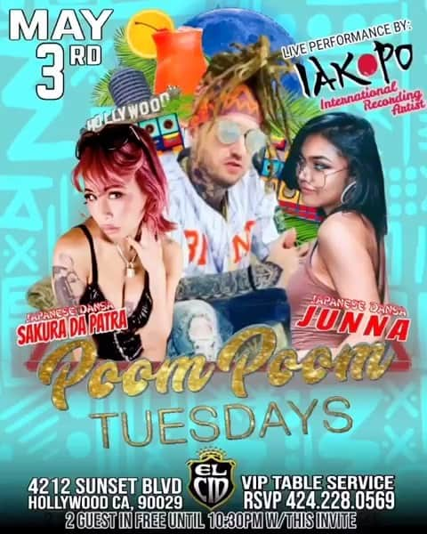 ヤコポのインスタグラム：「#PoomPoomTuesdays LA | MAY 3  Get ya tickets 🎫 now link in bio 😎‼️  #dancehall #losangeles #dance #reggae #iakopo #skymove」