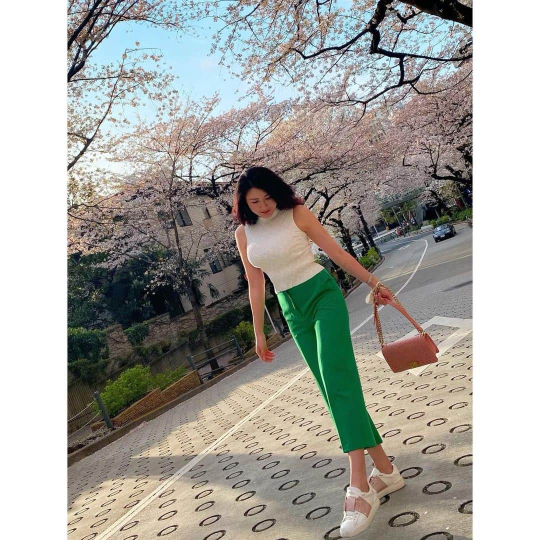 田名網理恵子のインスタグラム：「今年最後のお花見へ。。🌸 ここは桜のカーテンになってて本当綺麗🥺 なのに空いてるのー🥰 天気にも恵まれていい一日にだった🤗🌸 ・ ・ #アークヒルズ#お花見#桜 #cherryblossom#sakura」