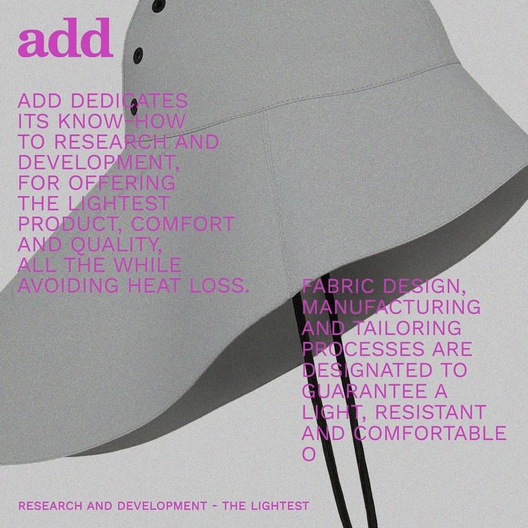 エーディーディーのインスタグラム：「Add pours its know-how into R&D, aiming for a comfortable and high-quality product that prevents heat loss.  Fabric design, production and tailoring are designed to guarantee a lightweight yet resistant result.  Find out more about add on our website.   #AboutAdd #AddMilano #SpringSummer22」