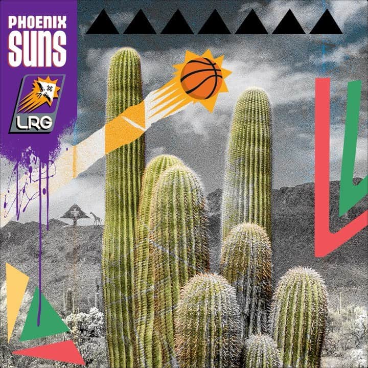 エルアールジーのインスタグラム：「LRG X @suns drop this Thursday, 4/14 at 4pm | Available only at the Suns Team Store inside @footprintcntr | open to the public #lrgclothing #phoenixsuns  🌲🌵☄️🏀  🎼 @stu_bangas 👕🎨 @tonycncp」