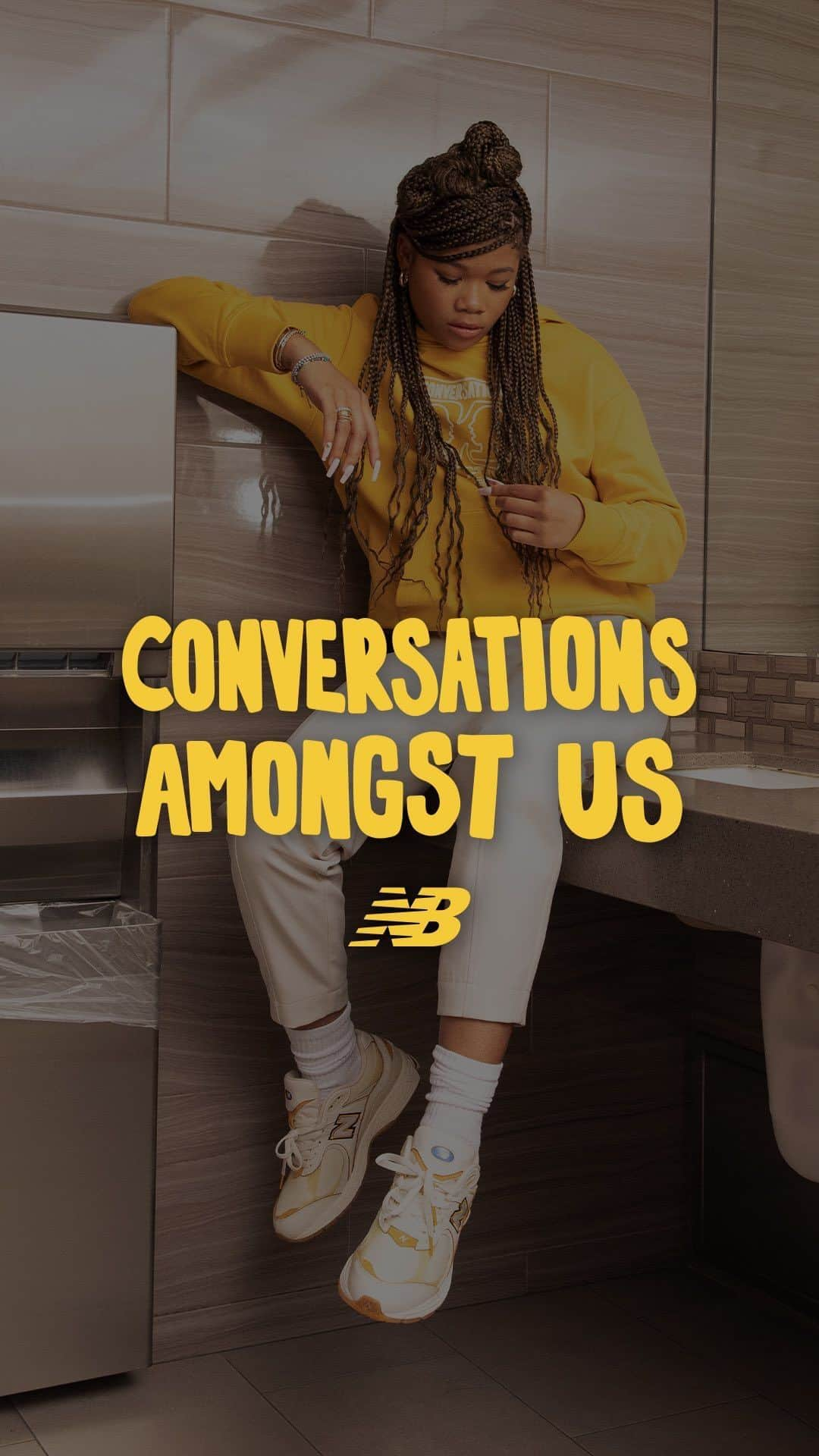 newbalanceのインスタグラム：「”Conversations Amongst Us” starring @stormreid and creative directed by @joefreshgoods in collaboration with Black Soles.   To many, it may just be a pit stop in the day, but for Black women it’s a sanctuary. An extension of the beauty shop, where women can come together and reveal the innermost parts of themselves and uplift one another in the process. Whether it's admiring her poppin’ nails or her fly fit, sharing what her stylist did with her flawless knotless braids, or simply a welcoming smile. The restroom is often the place where women remind each other that they are that girl.」