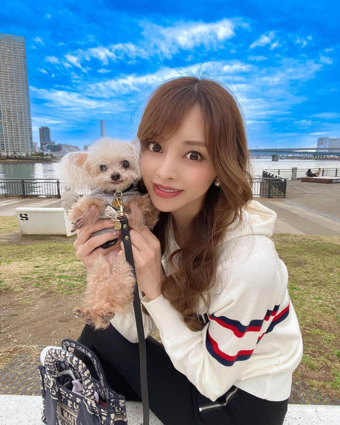 大迫麗香のインスタグラム：「まだ元気な頃の愛娘🐶とデート✨ もう12歳で今日は810gしかなくて、小さい体で一生懸命生きてる。 早く元気になって、またお出かけしようね☺️ これからしばらくは一緒に出勤させて頂きます🙇‍♀️  #ベストボディ #プライベートジム  #美ボディ #トレーニングウェア #美ボディコンテスト #ベストボディジャパン  #腹筋女子 #bikinifitness  #コンテスト  #美ボディ #恵比寿ジム #子連れok #産後トレーニング #ブーティビルダー #子連れフィットネス #食事管理  #ベストボディへの道 #ボディメイク女子 #犬　#闘病中 #ティーカッププードル」