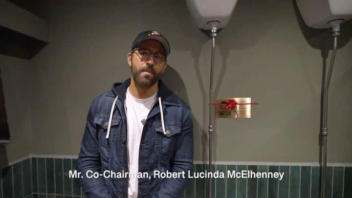 ライアン・レイノルズのインスタグラム：「As you know, I take birthdays very seriously. I’m excited to unveil the @robmcelhenney Commemorative Urinal at @Wrexham_AFC Racecourse.」