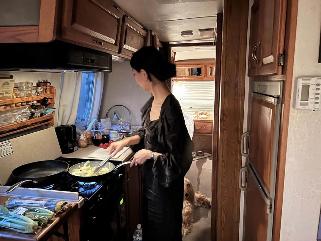 大田由香梨さんのインスタグラム写真 - (大田由香梨Instagram)「エアストリームのキッチンはコンパクトだけど、とても実用的です🕊  ガスコンロも3つあり、レンジオーブン、冷蔵庫、スパイス棚もあり、  小さなスペースで、段取りを考えながら作るのが楽しいのです❤︎  しかし。今日は手抜きでパスタ😂🙌🏻  近所のFarmers Marketでご近所の皆さんが育てた お野菜を買ってきて🍝  味付けは、最近発売されたばかりの　@loveg_official のMix Spice「Chili Summer」🔥  食べていると必ず隣に この方が来て、 熱い視線を感じながら食べます😂🙏🏻  我が家の休日🕊  #airstreamlife  #dinnertime」4月19日 13時53分 - otayukari