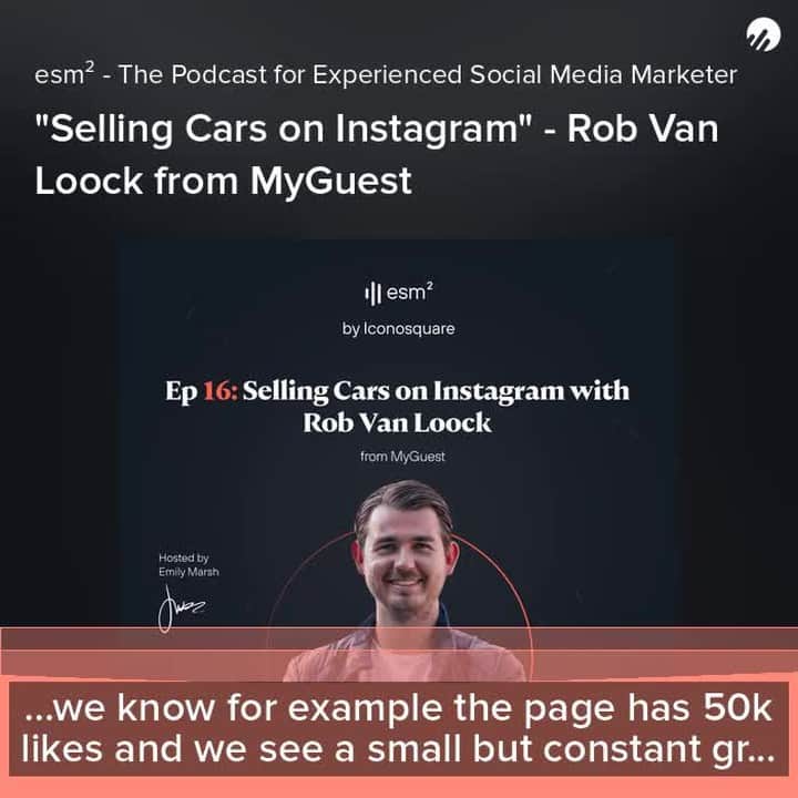 Iconosquareのインスタグラム：「Happy to see you back here esm’ers! Ever wished you could shop for your new car on Instagram or Facebook? Well, the truth is you can!  Discover this brand new episode of esm² entitled "Selling Cars on Instagram".  👩🏻‍💻 Emily had the opportunity to talk to Rob Van Loock, Sales and Account Manager at @myguestbrand , on the subject of selling cars on socials.  ✅ MyGuest is a digital agency based in Brussels, specializing in the automotive industry. These guys are real experts in their game!  ✅ Listen to this 49-minute episode on how to intensify the love between brands, dealerships, and customers through social media. . Click on the link in story or bio to listen to the full episode or search for esm² on your favorite listening platform! 📻 . #socialsales #socialmediamarketing #podcast #socialmediastrategy #socialmediacommunity  #esm2 #iconosquare」