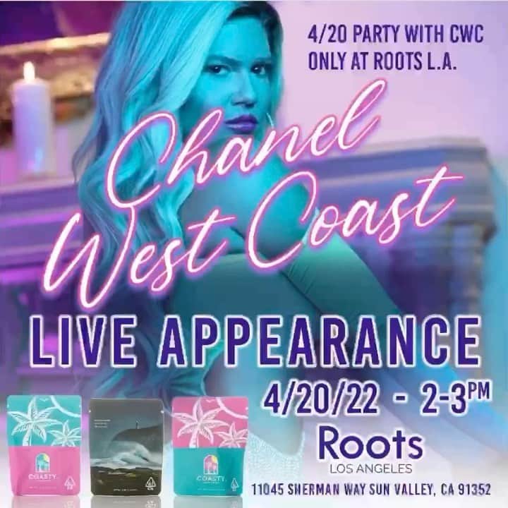 シャネル・ウエスト・コーストのインスタグラム：「Happy #420 !! #LA see y’all today 2-3pm @rootslosangeles_ ! First 20 people to pull up get a FREE BAG of @coastyog! 😁🌴🔥 21 & up only!」