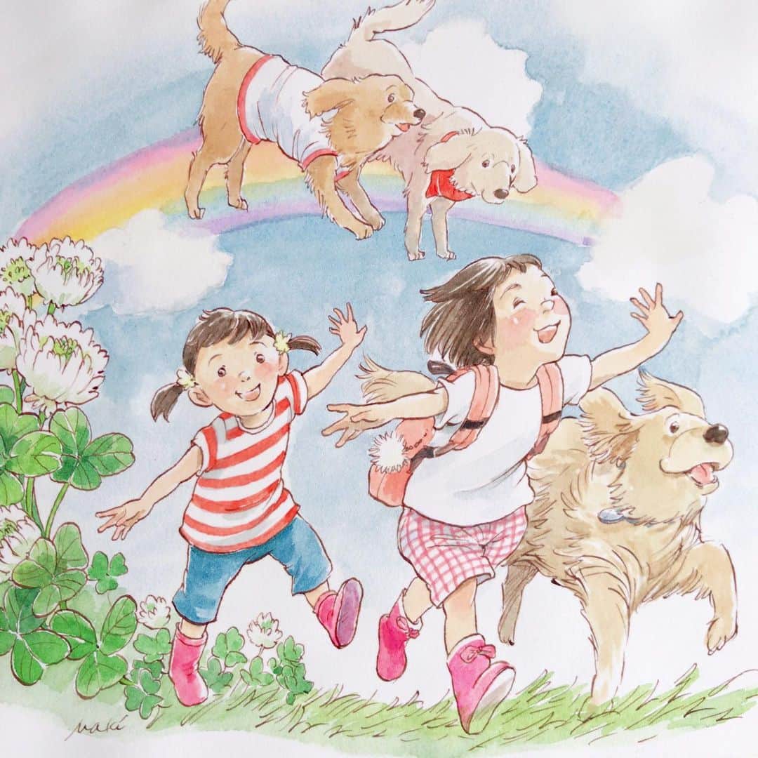 イラストレーター山崎牧子のインスタグラム：「オーダー作品  以前に描かせていただいた お姉ちゃんと、生まれたばかりの 赤ちゃん妹、そして犬のリリーさん。 この度ご縁があり、再び描かせて いただきました。 虹の空で見守るのは先代のワンちゃん たち🌈 描きながら私もなんとも言えず幸せな 気持ちになりました💕  #似顔絵#水彩画#姉妹#子ども#犬#ゴールデンレトリバー#イラストレーター#いなとめまきこ#水彩イラスト#children#childrenillustration#dog#artwork#watercolorpainting」