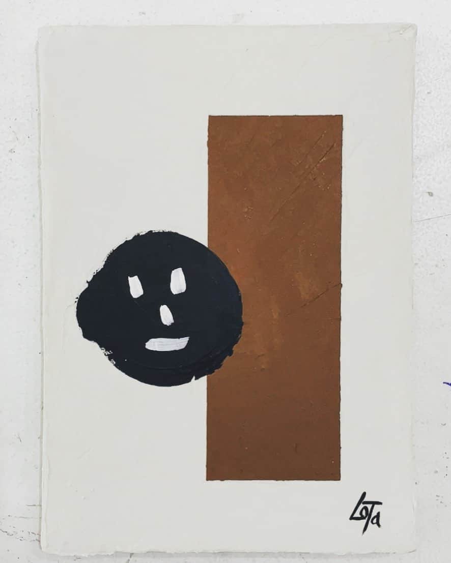 のインスタグラム：「本日も絵画教室（と言っても私が描きたい絵を描きに行ってるだけなんだけど） かっちりした長方形と丸だけを描く予定が急にゆるい顔を描きたくなり最後の最後に、ちょんちょん、と顔。 今回からサインも。 先生に「画家さんたちってサインどこにしますか？」と訊いたら「だいたい右下かなあ。でも決まりはないですよ」とのことだけど、とりあえず右下。 #lotapainting」