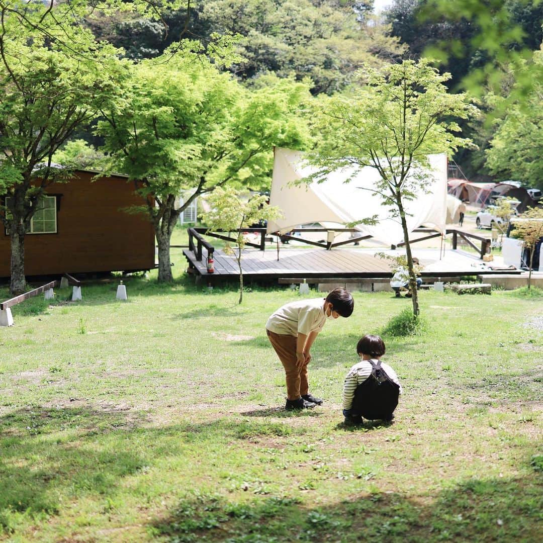 きなこのインスタグラム：「滋賀の"かもしかオートキャンプ場"で友人家族とキャンプ🏕 忍者の里、甲賀にあるキャンプ場なので、キャンプ中に忍者が巡回してお菓子をくれます🥷 ツンデレ息子は直前まで「本物の忍者なんているわけないよ。普通の人がやってるんだよ😗」とぶつぶつ言っていたけれど、いざ忍者からお菓子を貰うと「サンタさんみたいな忍者だったねぇ♡」とデレてました（笑。  ハンモックでくつろげたり、打ち上げ花火をしてくれたり、川遊びもできて、ファミリーに人気なのが納得なキャンプ場👏  2日目はあいにくの雨。大人は撤収が大変だけど、子どもは雨の方が楽しそう😂✨今回もテントの乾燥サービスに頼ります🙏」