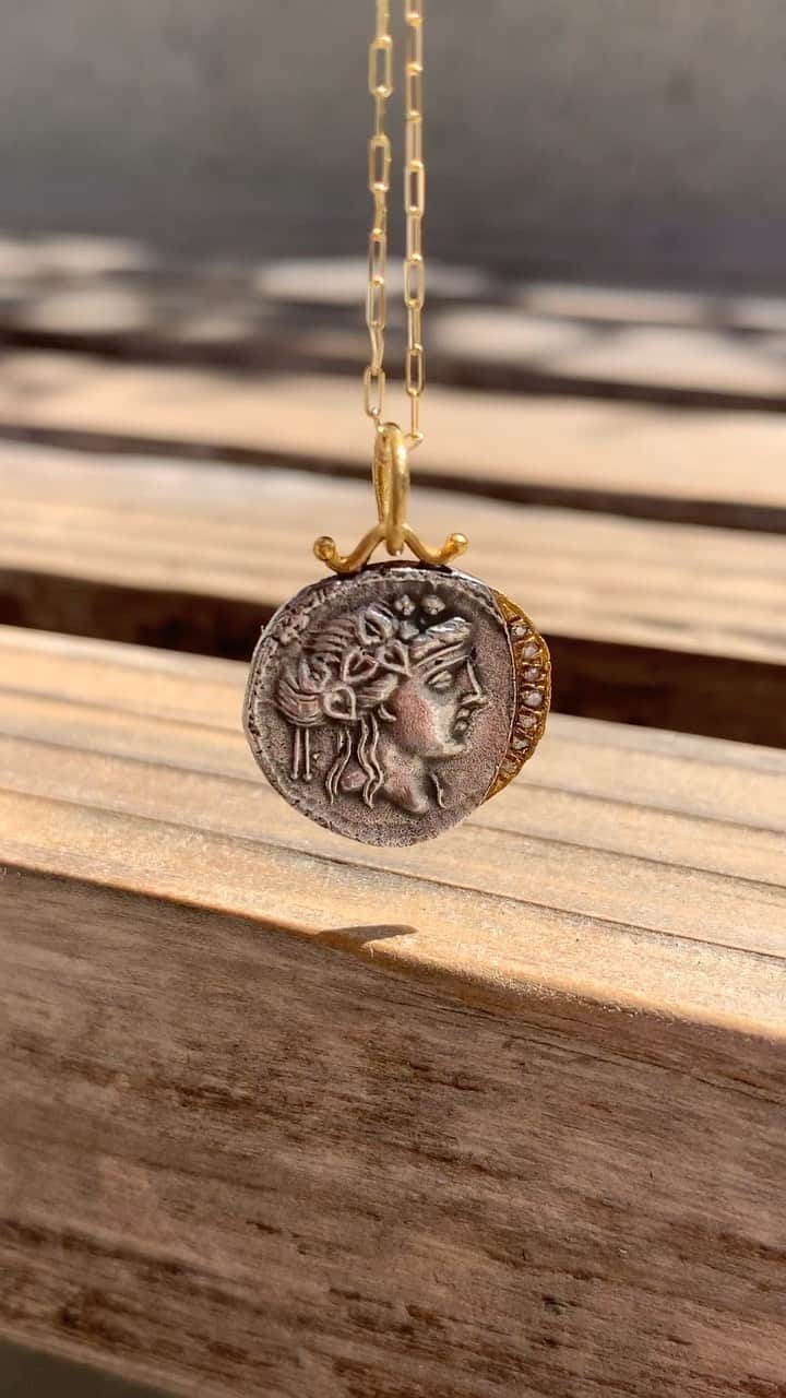 チャンルーのインスタグラム：「Catch a little sneak peek 👀 Inspired by Greek mythology, our next One-of-a-Kind Collection features sterling silver coin pendants with 24k gold and diamond accents. Tap the notification button in this post to be the first to shop our special launch!」
