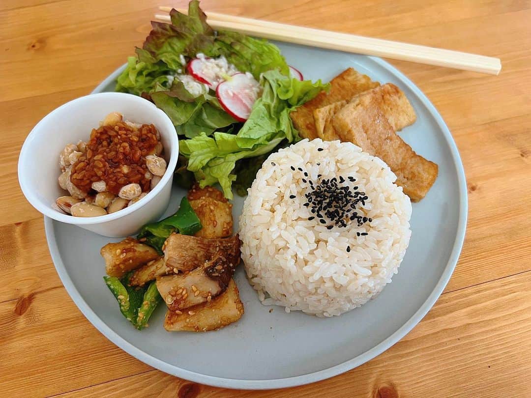 のインスタグラム：「Vegan lunch🍴🧡  納豆作りのワークショップへ🌷✨ 1つ歳下なのにとても丁寧な暮らしをしてて ナチュラル思考で学ぶ事だらけ🥺  手作り納豆に、手作り醤油麹🫘 サラダも手作り塩麹で作った オリジナルドレッシングでめちゃくちゃ美味🌿！  代用ミートのおからこんにゃくも 食べ応えがあって最高だし 全部美味しかったです♡ 毎月ランチだけでも食べに行きたいなあ🥰💓w  今日作った納豆は明日のお昼には食べれるみたいだから 夫と娘に食べさせてあげるのが楽しみ😍！ 手作り納豆、まーーーぢで美味しくて最高すぎて すぐにまた自分で仕込みたい🌱」