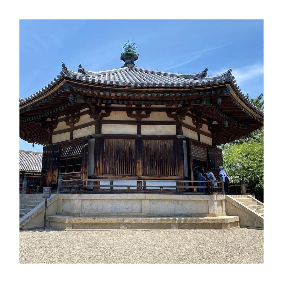 山縣亮太さんのインスタグラム写真 - (山縣亮太Instagram)「【大阪・奈良旅②】 　2日目は太子建立七寺巡り。まずは #法隆寺 。#東院伽藍 の #夢殿 には等身聖徳太子と伝わる国宝・救世観世音像があります。大宝蔵院の国宝・百済観音像は神仏に通じずとも思わず手を合わせたくなるような気品と存在感でぜひ実物を見て欲しいです。 #中宮寺 は太子がお母さんの為に建てたお寺だそうで２つの国宝あり。法隆寺・中宮寺から徒歩15分程の所に #法起寺 。もともと聖徳太子のお妃に個人的に興味あり、その最初の妃　#刀自古娘 (とじこのいらつめ) が住まった場所らしい。刀自古娘が色々あった後出家し開山上人(初代上人)となったのがあの長野の有名な善光寺。七味有名だよね。お参り後、春日大社行きバスがあったので乗車。 折角なので終点付近まで行き #奈良國立博物館 に寄って仏像をたくさん見てきました。息つく間もなく大阪へ、最後に #四天王寺 でお参りしてきました。 　#聖徳太子没後1400年 まつわる全ての神社仏閣を見て回ることはできませんでしたが、数々の史跡から当時の権力闘争、疫病の蔓延、そして世を治めんとする聖徳太子の苦悩や人物像に思いを馳せる旅となりました。」5月24日 2時08分 - y.ryo34