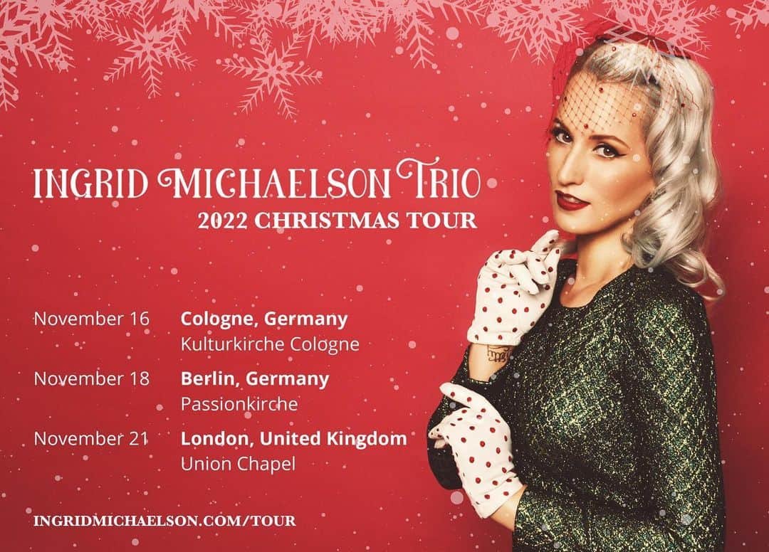 イングリッド・マイケルソンのインスタグラム：「London and Germany, I'm coming back this year to bring some Christmas cheer! I LOVE visiting Europe during the Christmas season and I hope to see you at these shows! On sale now link in bio. ❄️」