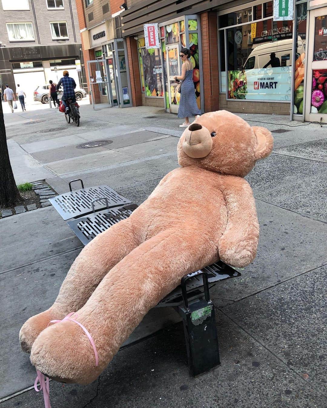 岡田育のインスタグラム：「“No, I’m waiting for another bus. Not in rush in such a fine day” ☀️🧸 #eastvillagenyc  #nycbus  #hmarteastvillage  #skinnylegs  #Hマート 前にいた韓流アイドル並みに美脚のクマさん。しかし5月のNYはいい天気だな！ もう夏来なくていいよ暑いから！」