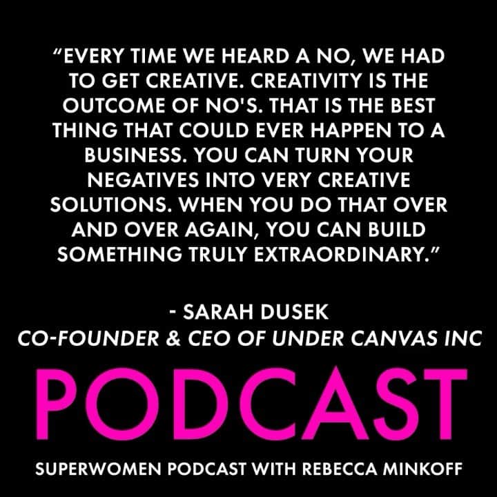 レベッカミンコフのインスタグラム：「Like many businesses, Sarah Dusek founded @undercanvasofficial to solve a pain point in her own life. Entirely bootstrapped for the first eight years, Under Canvas’ elevated camping model surmounted obstacle after obstacle, and is now considered among the best resorts in the U.S. by Condé Nast Traveler. Sarahs challenges in raising capital for Under Canvas inspired her to then create her own investment firm, @enygmaventures, aimed at supporting women in business in southern Africa. Tune in to todays episode to learn about the challenges that come as a female founder, and how building an environment where more women can create wealth means a better world for all of us.」