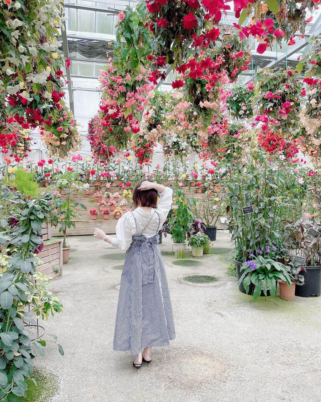 東美希のインスタグラム：「ベゴニア園🌺 . . . blouse #lilybrown  onepiece　#andcouture  . . #ショートボブ #花いちもんめ　#ベゴニア　#ギンガムチェックワンピース  #女子旅 #女子旅コーデ #おそろコーデ #ドライブ　#後ろ姿シリーズ」