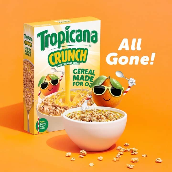 トロピカーナのインスタグラム：「Giveaway closed. Our bowls may be empty, but our heads are full of OJ-on-cereal memories. If you scored a box, drop us a review with #TropicanaCrunch @tropicana_juices」