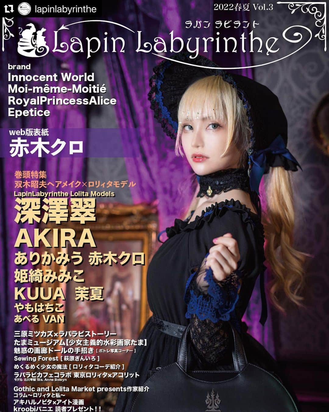 赤木クロのインスタグラム：「Lapin Labyrinthe vol.3 web限定表紙です💙  #ロリィタ #ラパラビ Lapin Labyrinthe vol.3 載せていただいております🖤 pochedelapin.thebase.in」