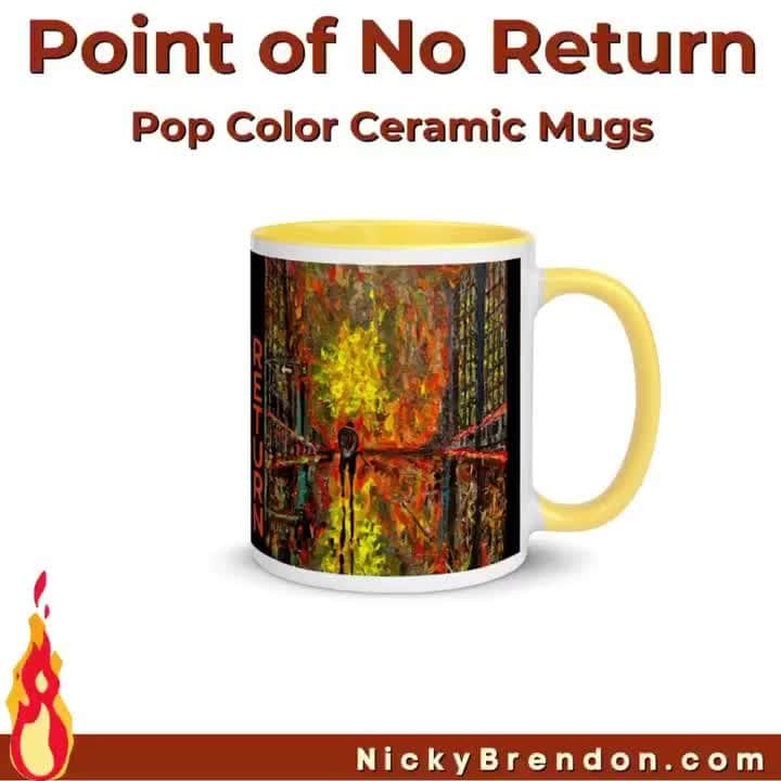 ニコラス・ブレンドンのインスタグラム：「Pop Color Ceramic Mugs featuring “Point of No Return” and a few other new additions to the shop.  #OriginalArtwork #Fire #PointOfNoReturn #ArtistOnFacebook #ArtistOnInstagram」