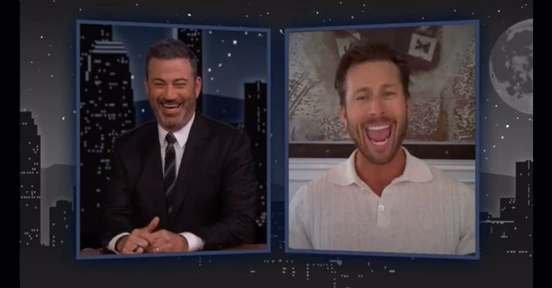 グレン・パウエルのインスタグラム：「Hangin’ with @jimmykimmel talking bad solutions for great dances, my dad’s oscar campaign, and how not to hurl in a jet…  (Do not watch this interview while eating breakfast…)」