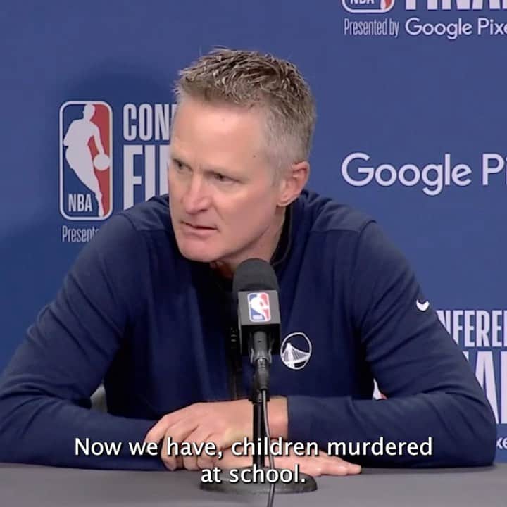 espnのインスタグラム：「Before Game 4 of the Western Conference finals, Steve Kerr pleaded for gun control after the school shooting in Uvalde, Texas.」