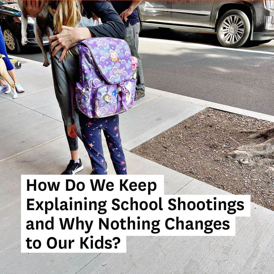 Average Parent Problemsのインスタグラム：「Last night, I talked to Mazzy about the shooting in Uvalde, Texas. I gave her broad strokes. 19 kids, two adults including a teacher. I watched Mazzy absorb the news, be saddened by it, but not shocked. After all, she’s been doing active shooter drills at school since kindergarten. Back when they thought they were protecting themselves from a robber or a wild animal. Now they know. School shootings are not a new concept for our kids. I even remember back in 2018 when her grade participated in the National School Walkout, how proud I was of Mazzy and her friends, who all stood up, walked out and demanded gun control that morning. That was after the school shooting in Parkland. 17 people were killed by a 19-year-old with an AR-15 style semi-automatic rifle. I had to look it up because there have been so many school shootings since then, I couldn’t remember which one inspired the protest. I remember after Sandy Hook, along with the shock and horror, there was some hope that NOW congress would have to do something. Better background checks. Ban assault weapons. Mandate gun safety training. Initiate a buyback program. But they did nothing. To date, only two states have banned assault weapons. NY and California. Did you know that more preschoolers were killed with a firearm last year than cops? Or that only 1.6% of deaths by firearm were victims killing perpetrators in self defense? And yet here we are protecting gun rights and fetuses. As if those two things are more important than the living children who we are bringing up in a world where they can’t even feel safe at school. I expressed my anger more fully in a blog post today, along with some questions for those who vote for pro-life candidates while ignoring the issue of gun control. Click the link in my bio if you’d like to read it.」