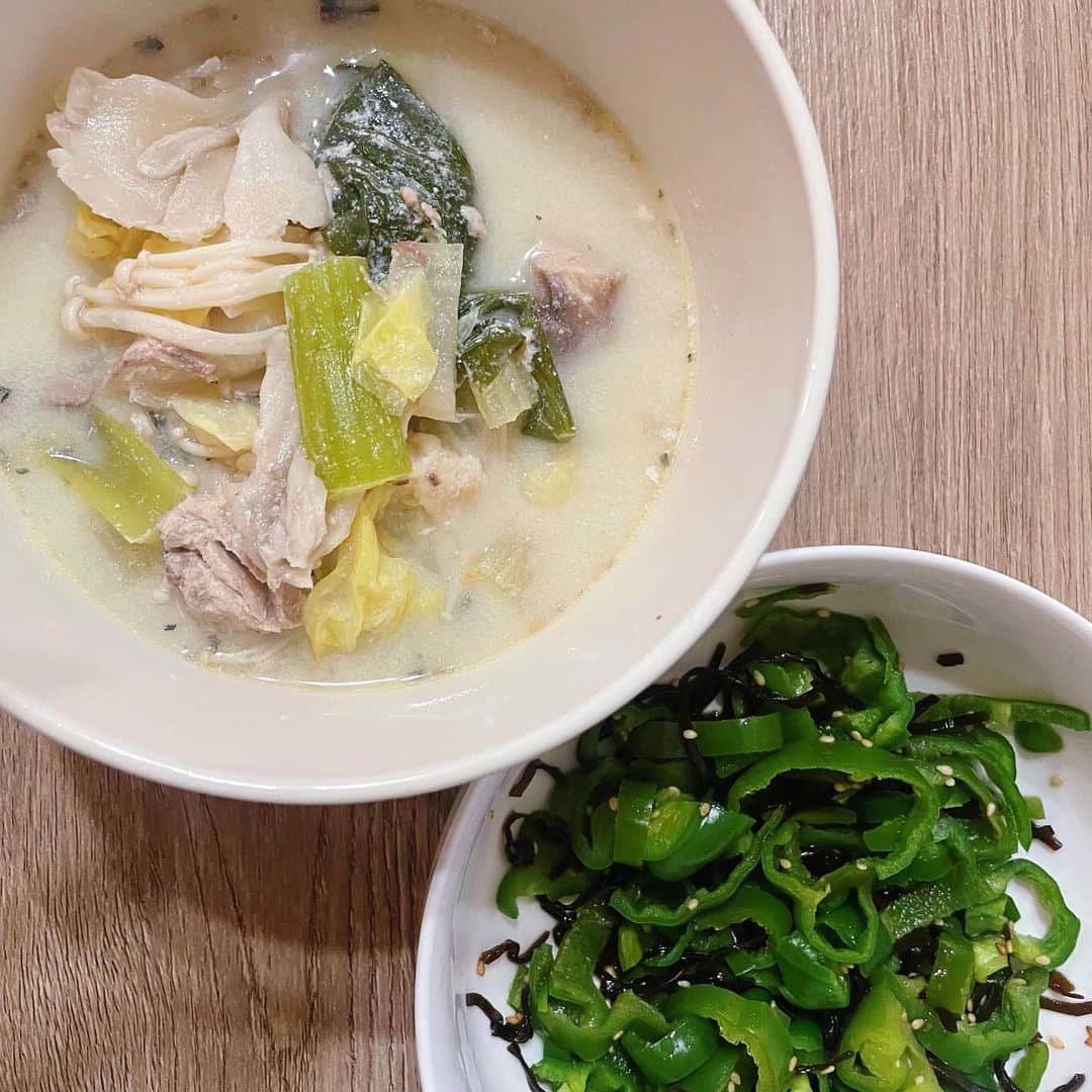 西野未姫のインスタグラム：「鯖豆乳スープと無限ピーマン🫑✨  #ダイエット #ヘルシースープ #簡単レシピ   ⭐️鯖豆乳スープ 水に出汁パックを入れて煮る。 出汁が出たらパックを取って豆乳を入れる。 好きな野菜と水煮鯖缶（2缶）入れて火が通るまで煮る。 味噌を少し入れて味を整えて完成❤️  ⭐️無限ピーマン ピーマンを切ってレンジで1分半チンする。 塩昆布と胡麻油少しだけ入れてまぜて完成❤️  全部目分量でやってるのでみなさんとお好みでやってみてください😊💦」