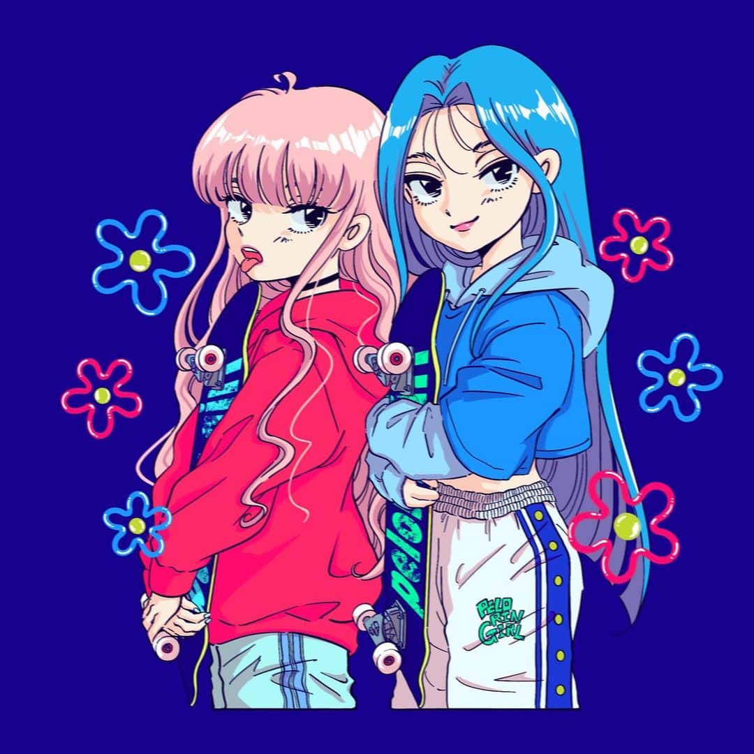 佐藤なつみのインスタグラム：「スケボー女子🛹💫  #エモい #illustration #illustrator #art #90s  #イラスト#女の子イラスト #ガールズイラスト #古着女子 #古着コーデ #古着 #パーカーコーデ #イラストレーター#スケボー #スケボー女子」