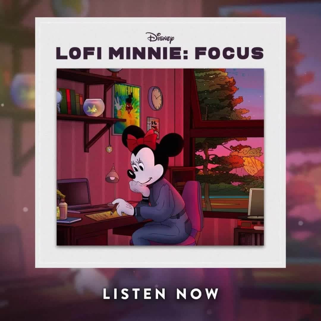 ミニーマウスのインスタグラム：「Find your focus ✨  Lofi Minnie: Focus now available on all platforms. ♫ #LofiMinnieFocus Album Art by: Lofi Studio」