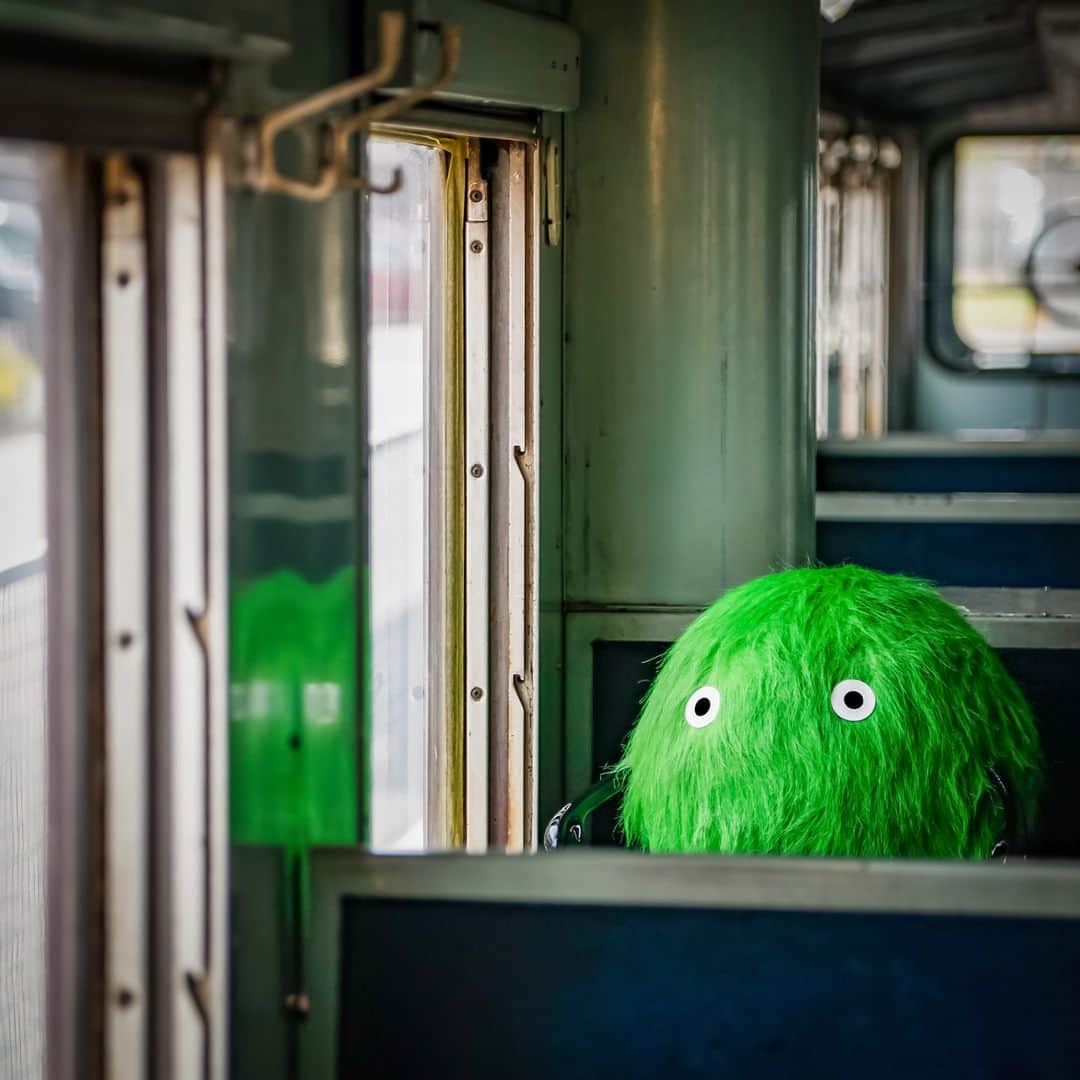 SUUMO公式アカウントのインスタグラム：「鉄道で一人旅 🚃 スーモはどこにいくのでしょうか・・・💚✨  #一人旅 #鉄道旅 #5月 #May #railtravel  #Japan #ぬいどり #ぬい撮り #ぬい撮り写真部 #スーモ #SUUMO #あっスーモ」