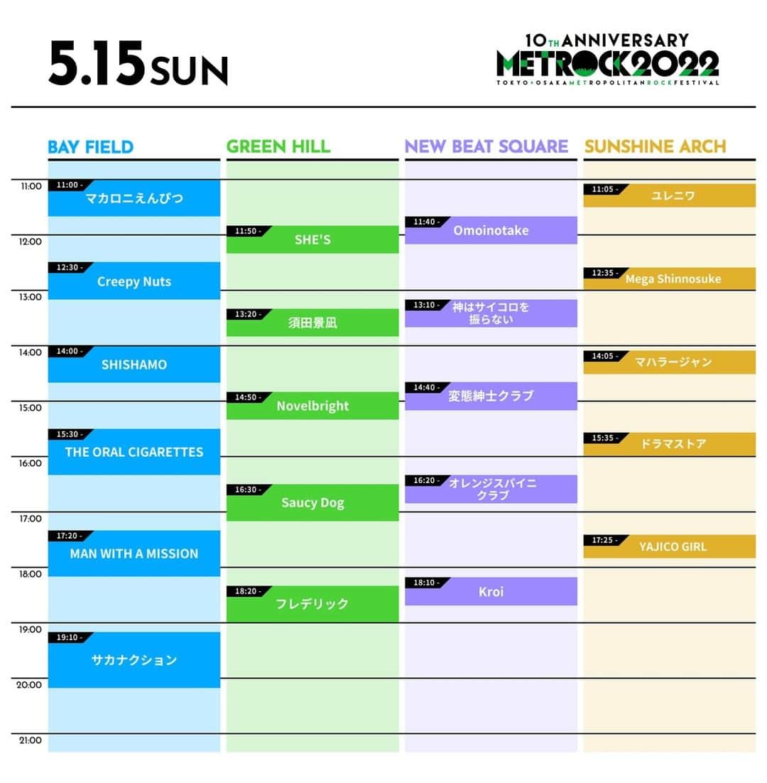 SHE'Sさんのインスタグラム写真 - (SHE'SInstagram)「5月14日(土)15日(日)開催 『OSAKA METROPOLITAN ROCK FESTIVAL 2022』  @metrock_official #メトロック #メトロック大阪  SHE'Sは 5月15日(日)11:50〜GREEN HILLに出演します。  必ずイベントオフィシャルサイトをご確認の上、ご来場をお願い致します。  https://metrock.jp/  グッズ販売：開場時刻より販売予定 販売ラインナップは2枚目の画像をご確認ください。  #SHE_S #春フェス」5月14日 18時00分 - she_s_official