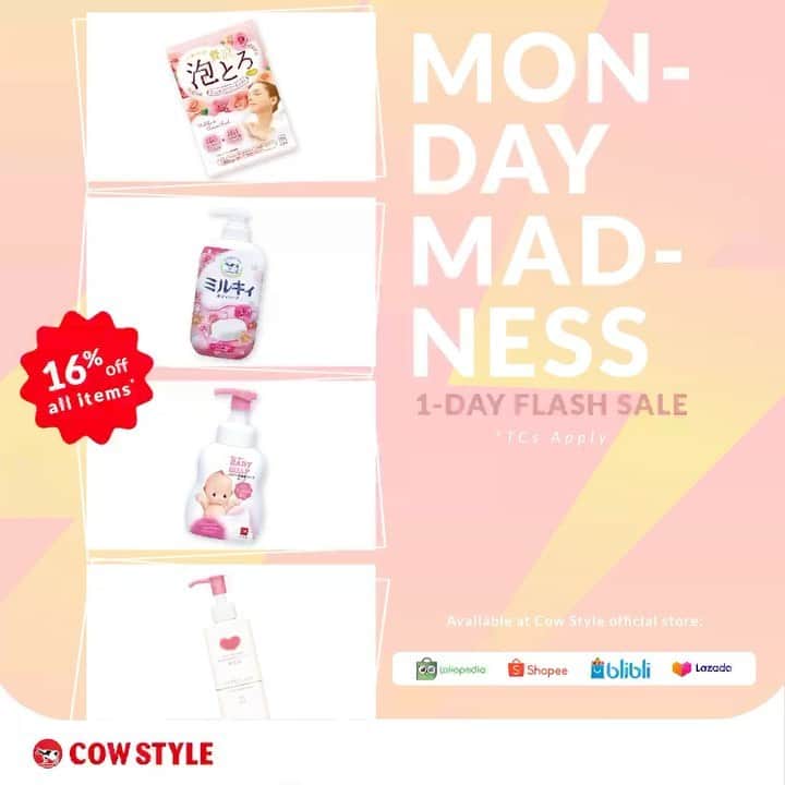 のインスタグラム：「Whoop whoop  Since everyone loves Monday, so here it is🔻 1-day Flash Sale, 16% off all items ⚡️⚡️⚡️  Head to the link in our bio now ya  #cowstyleindonesia #cowstylebeauty #japanesesoap #flashsale」