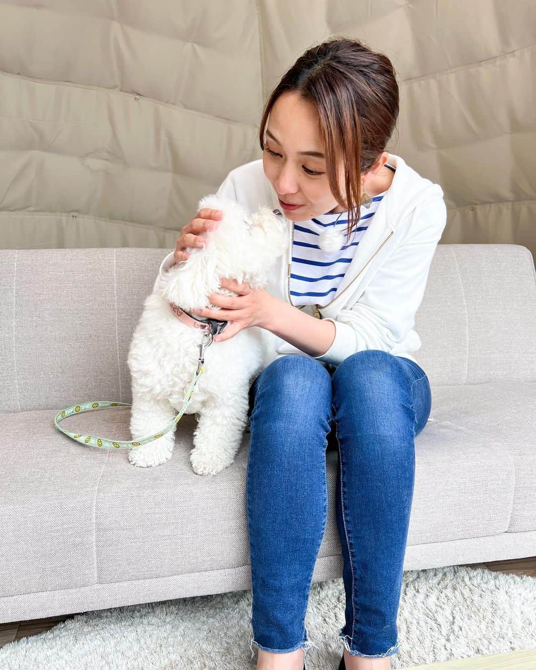 若林翔子のインスタグラム：「. . わんちゃんに嬉しい情報も🥰 ランちゃんの可愛さにメロメロでした😍  #サタデーウォッチン　#犬　#わんこ #犬連れ　#もふもふ　#ランちゃん #看板犬　#ウォッチンチェック　#今週土曜放送予定」