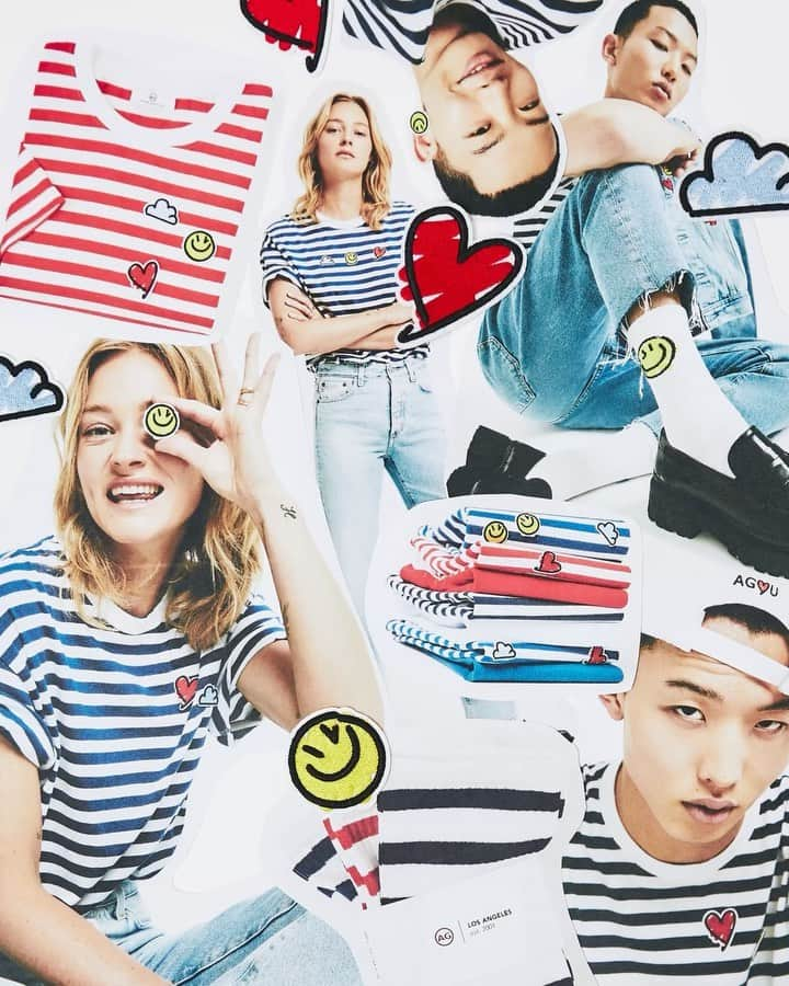 アドリアーノゴールドシュミットのインスタグラム：「AG | All The Feels Capsule Coinciding with #MentalHealthAwarenessMonth we've created All The Feels - a stripes and patches assortment with a playful spin on classic stripes.   The patches are meant as a lighthearted reminder that millions of people are impacted or struggling with mental illness. They serve as a token to recognize and accept that those around us are all wearing different emotions, inside and out, and an appeal to be kind and patient.   It’s important to remember that mental health can change over time and that there are extensive resources available.  If you or someone you know needs help, contact NAMI HelpLine (1-800-950-6264) or National Suicide Prevention Lifeline (1-800-273-8255).」